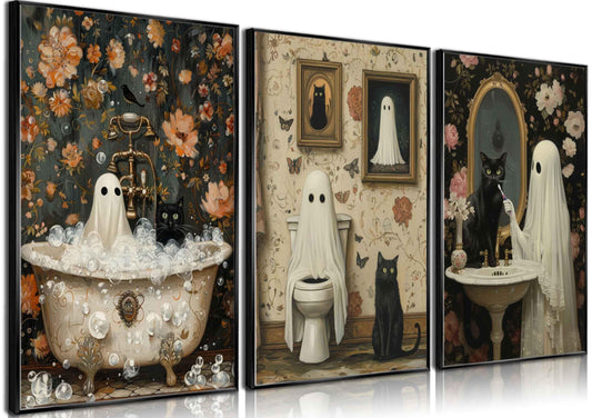 3Pcs Halloween Ghosts Posters Wall Art Horror Ghost and Black Cat in Bathroom Wall Decor Pictures Retro Horror Creepy Dark Academia Prints for Bathroom Gallery Home Decoration
