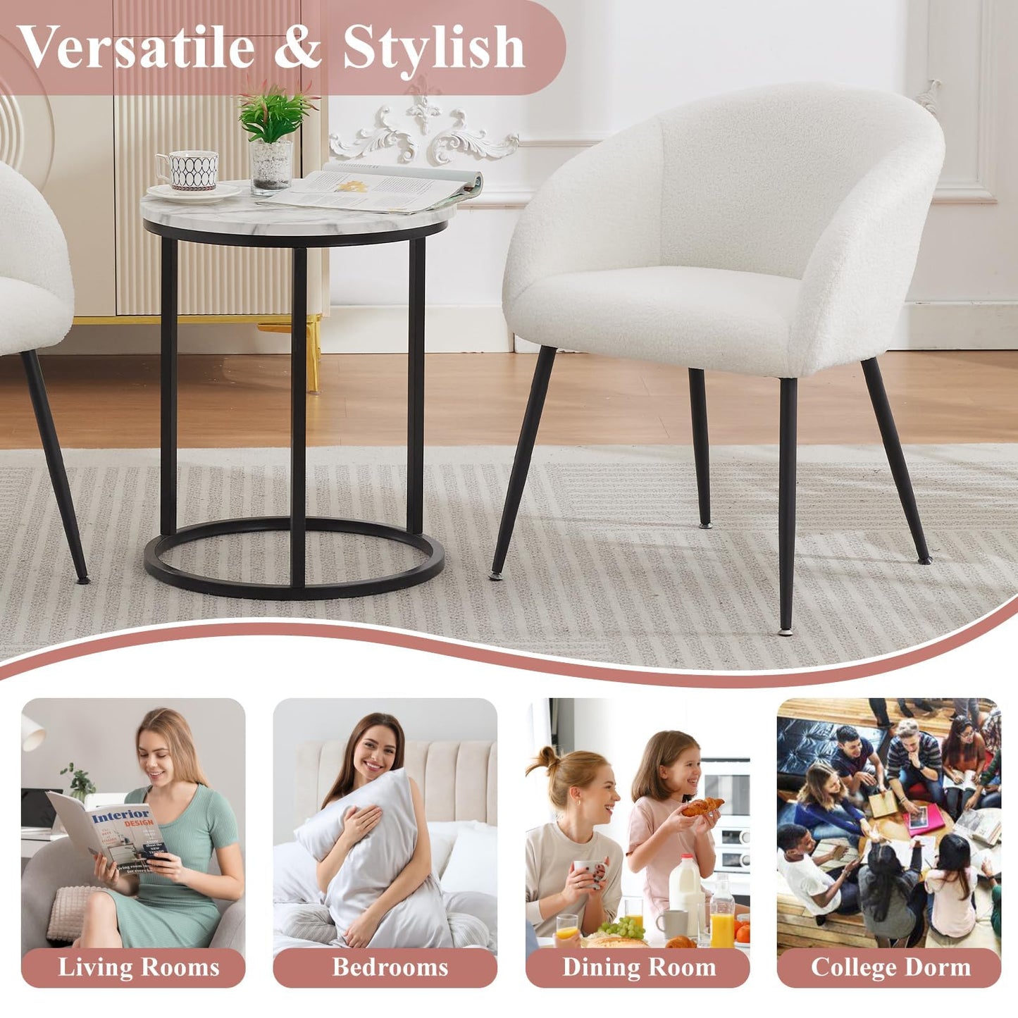 YDcosyfy Modern Small Accent Chair, Comfy Sherpa Makeup Vanity Chair with Metal Legs, Decorative Chair no Wheels for Living Room, Dressing Room, Bedroom, White