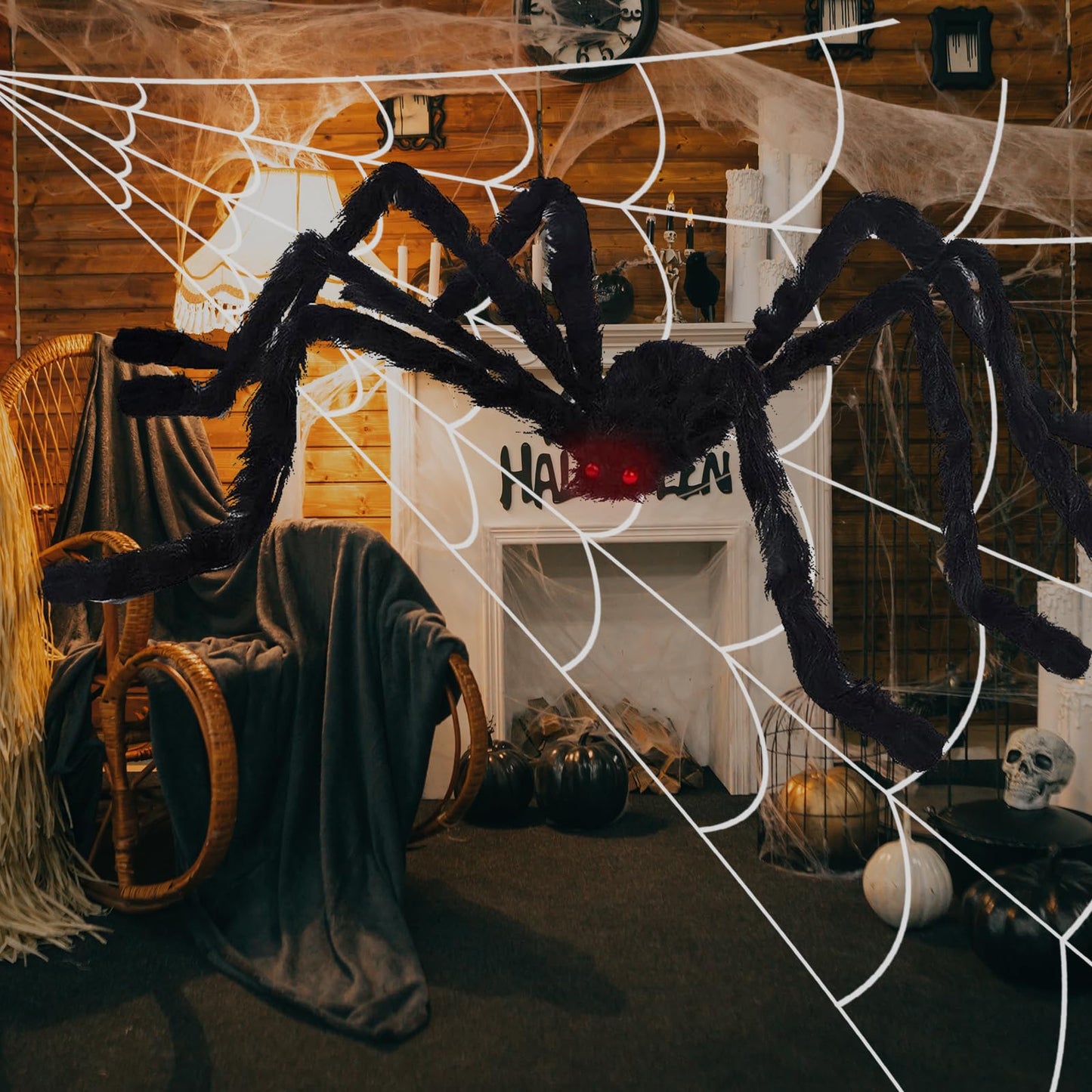 16.5Ft Giant Spider Web + 5Ft Hairy Spider & Stretch Cobwebs - CJYGEGE Halloween Decorations Scary Fake Spider with Triangular Huge Spider Web Large Props for Outdoor Indoor Haunted House Porch Yard
