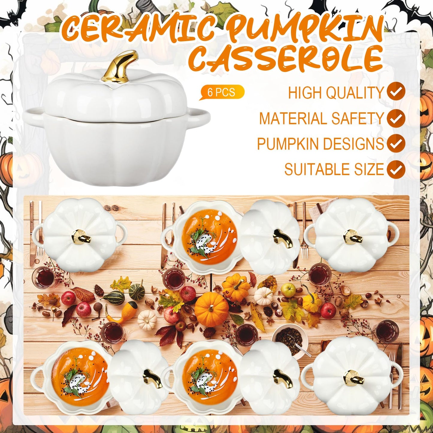 Yaomiao 6 Pcs Pumpkin Ceramic Bowl 15 oz Pumpkin Soup Bowl Pumpkin Shape Storage Jar with Lid and Handles for Home Halloween Party Kitchen Tableware(White)