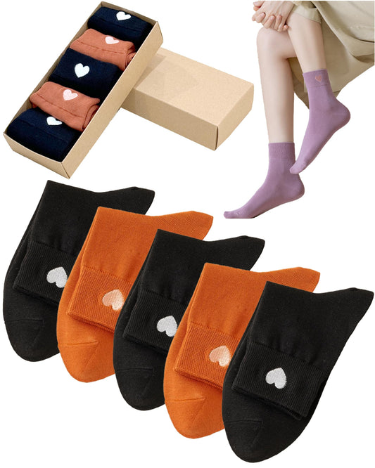 XIUYANG Cute Heart Embroidery Ankle Socks,Cotton Ankle Crew Socks,Fun Athletic Running Socks Gifts For Women(5-Pairs with Gifts Box) (Cotton, Black + orange)