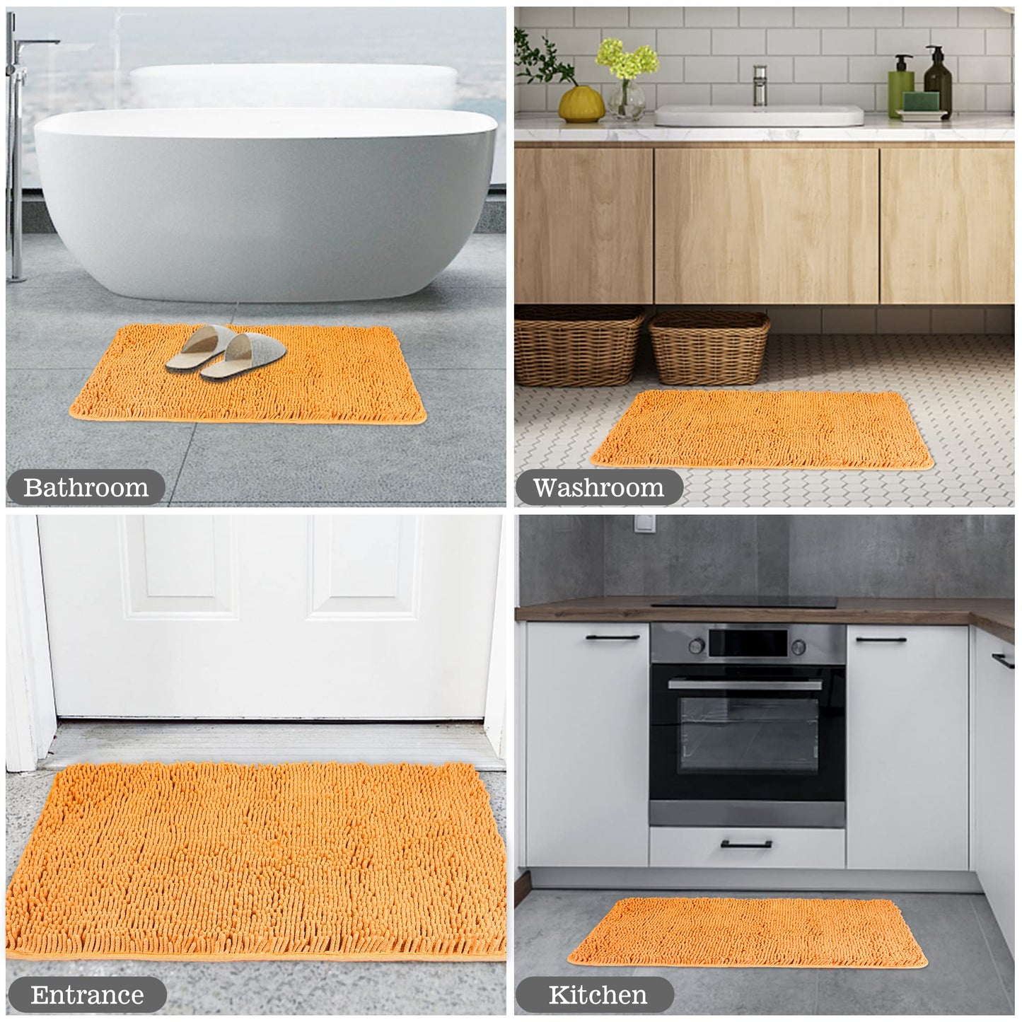 Yeaban Orange Bathroom Rugs – Thick Chenille Bath Mats | Absorbent and Washable Bath Rug Non-Slip, Plush and Soft Rugs for Bathroom, Kitchen, Shower, Sink - 17" x 24"
