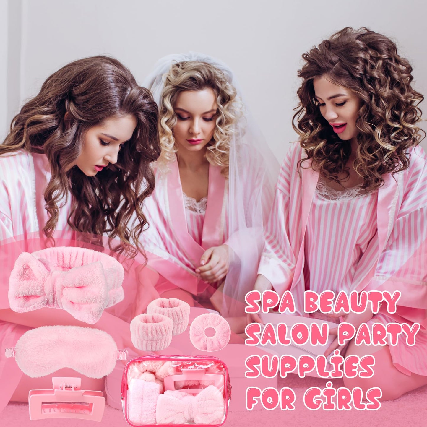 Wavyknot 42 Pcs Spa Sleepover Party Supplies Include 6 Sleep Eye Mask 6 Spa Headband 12 Wrist Washband 6 Velvet Scrunchies 6 Hair Claw Clips 6 Clear Cosmetic Bags for Girls Slumber Party Favors Gift