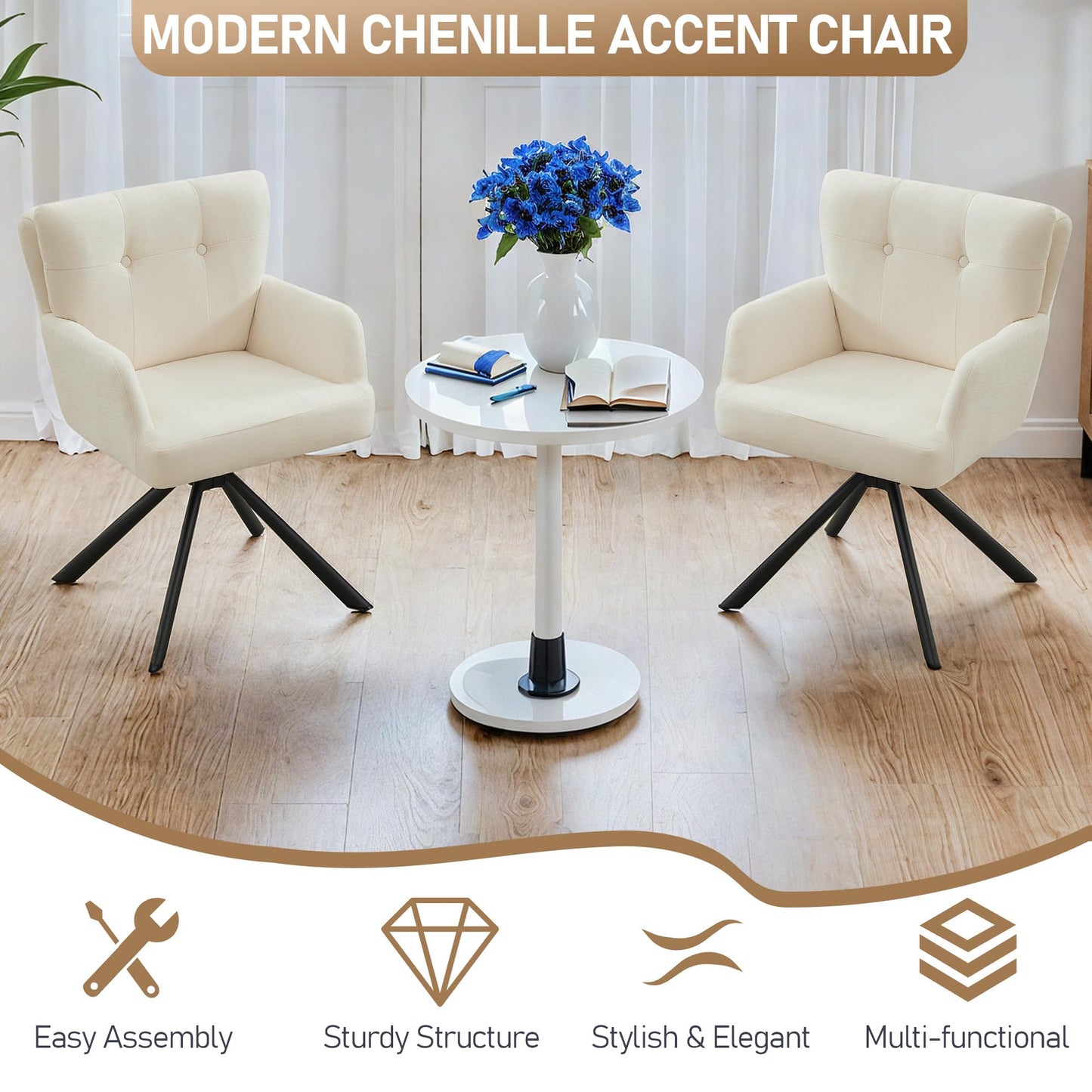 WUTUTUEE Fabric Dining Chair Modern Upholstered Swivel Dining Room Chairs Comfy Accent Armchair with Mid Back, Desk Arm Chair No Wheels for Kitchen/Living Room/Dining Room, White