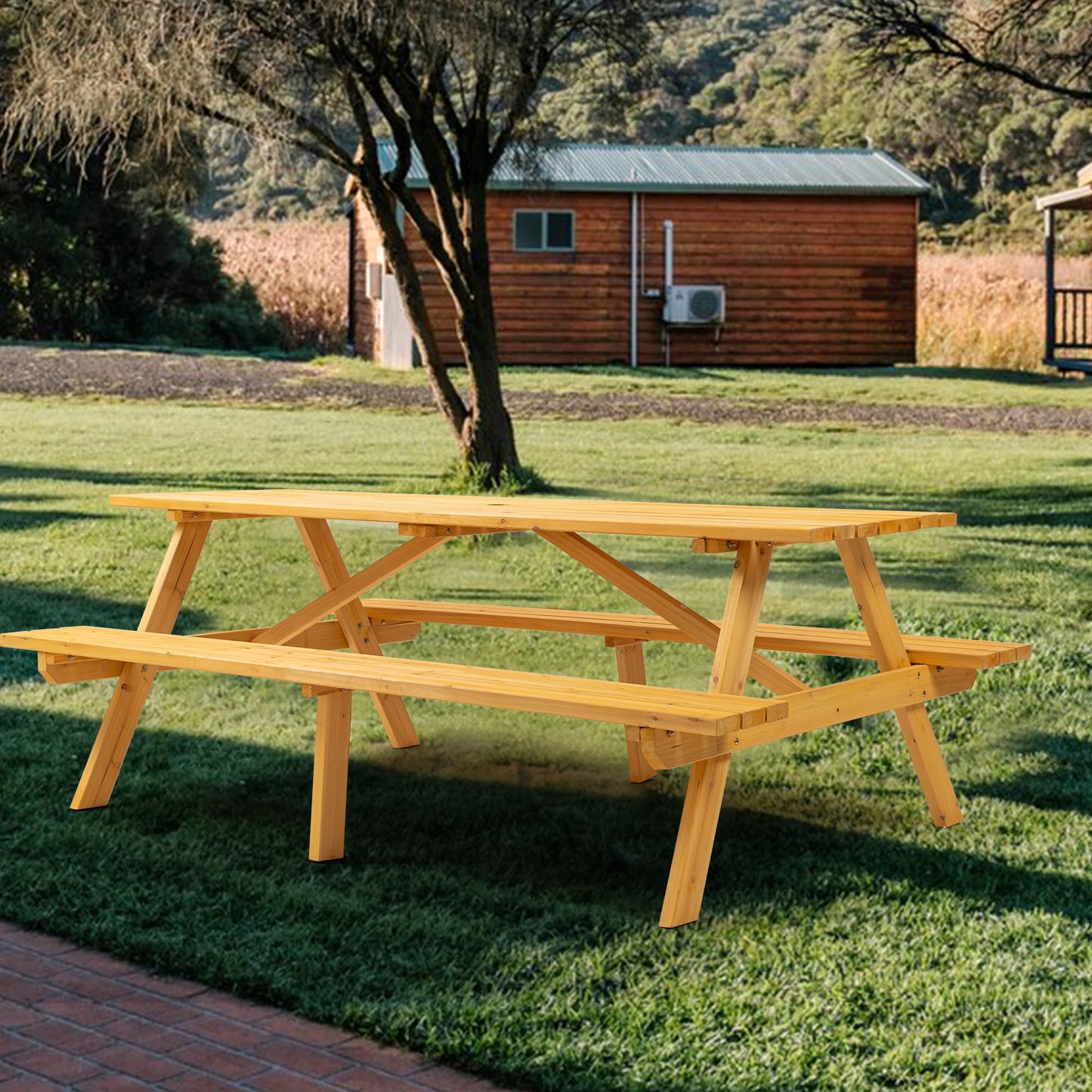 Voryvans Picnic Table with Bench for 8 Person Outdoor Wooden Rectangle Table for Patio Garden Backyard Large Outside Dining Table Set with Umbrella Hole 6.25FT Natural