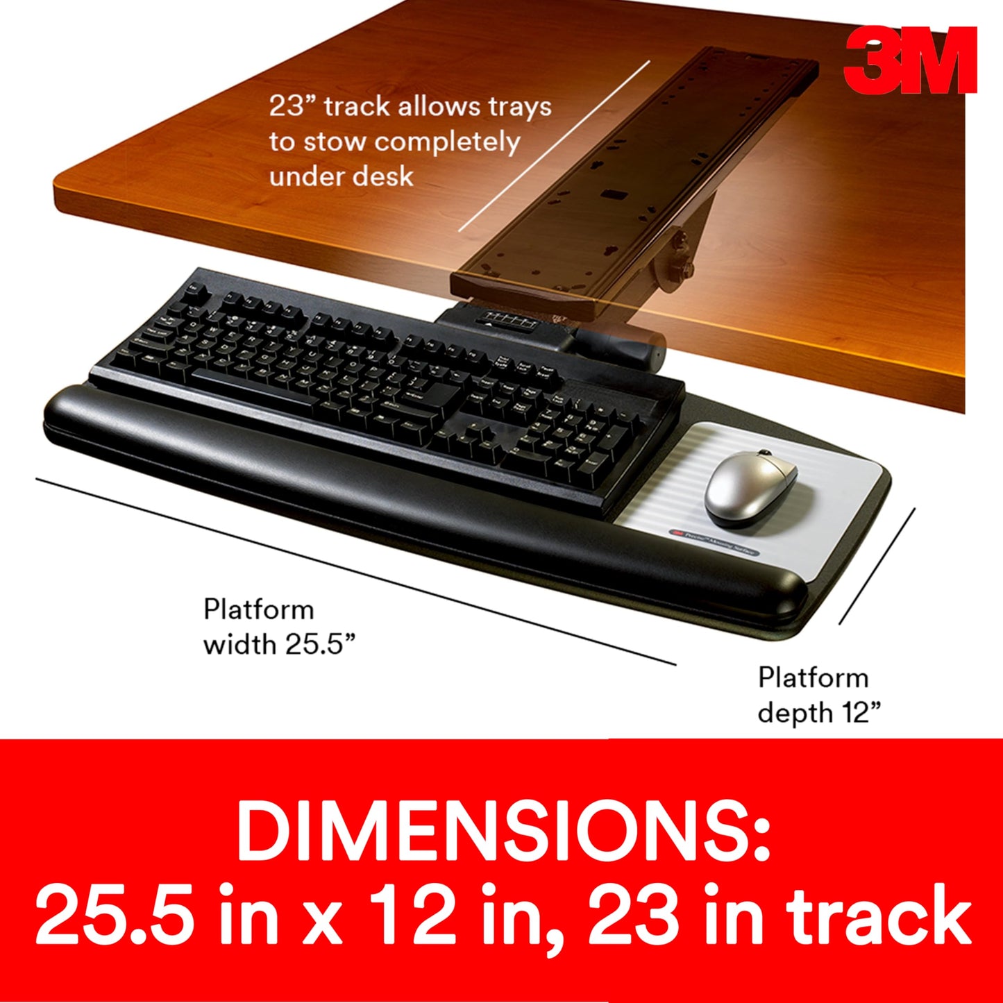 3M Keyboard Tray, Just Lift To Adjust Height And Tilt, Sturdy Tray Includes Gel Wrist Rest And Precise Mouse Pad, Swivels Side To Side And Stores Under Desk, 23" Track, Black (AKT90LE)