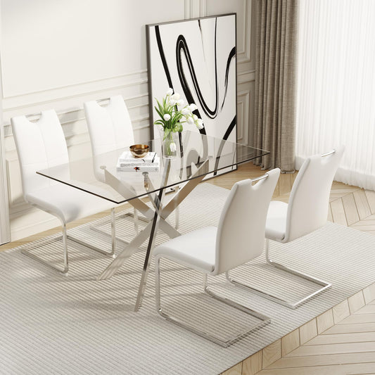 51.18" W Glass Dining Table Set for 4, Modern Rectangular Glass Kitchen Table with Sliver Metal Legs, 4 PU Leather Chairs with Silver Legs, for Dining Room, Home - White