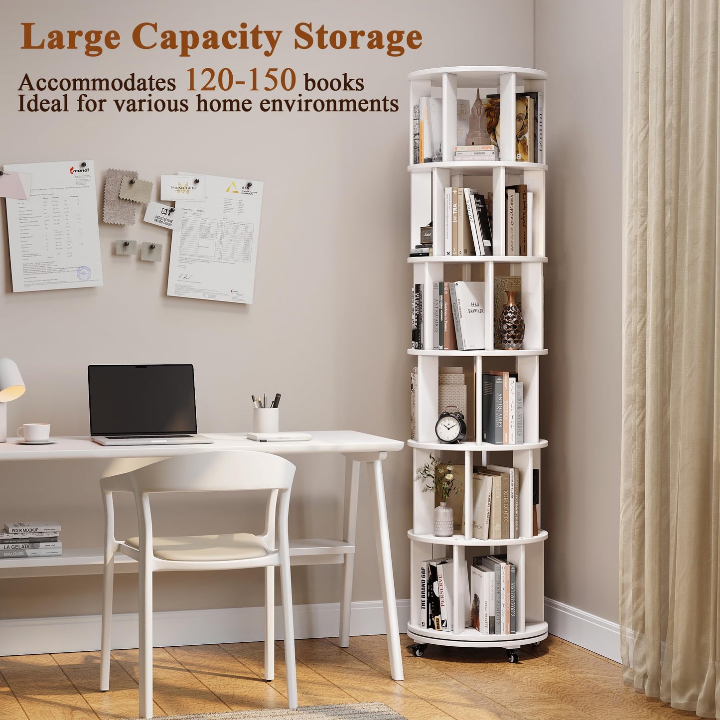 6 Tier Rotating Bookshelf Tower Spinning Bookshelf with Swivel Wheels Book Shelf Rotating Storage Tower for Kids Adult Narrow Walnut Solid Wood Revolving Bookcase Organizer for Bedroom Living Room