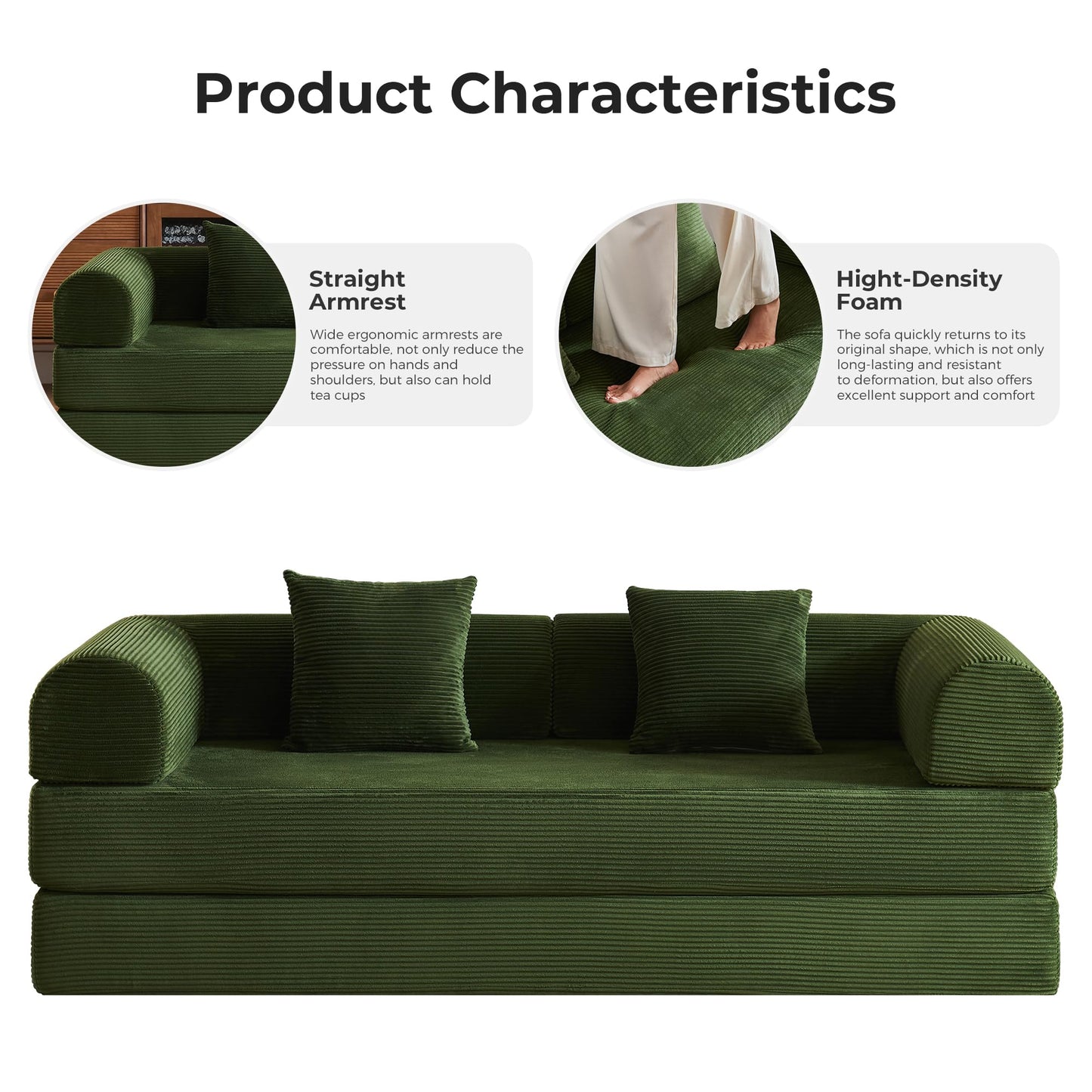 79'' Convertible Sofa Bed, Modular Couch Bed for Small Spaces with 2 Pillow, Corduroy Fabric Sofa with Plush Memory Foam, Floor Sofa Lounge Couch for Living Room Bedroom Lounge Studio（Dark Green）