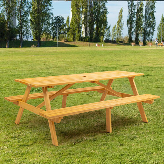Voryvans Picnic Table with Bench for 8 Person Outdoor Wooden Rectangle Table for Patio Garden Backyard Large Outside Dining Table Set with Umbrella Hole 6.25FT Natural