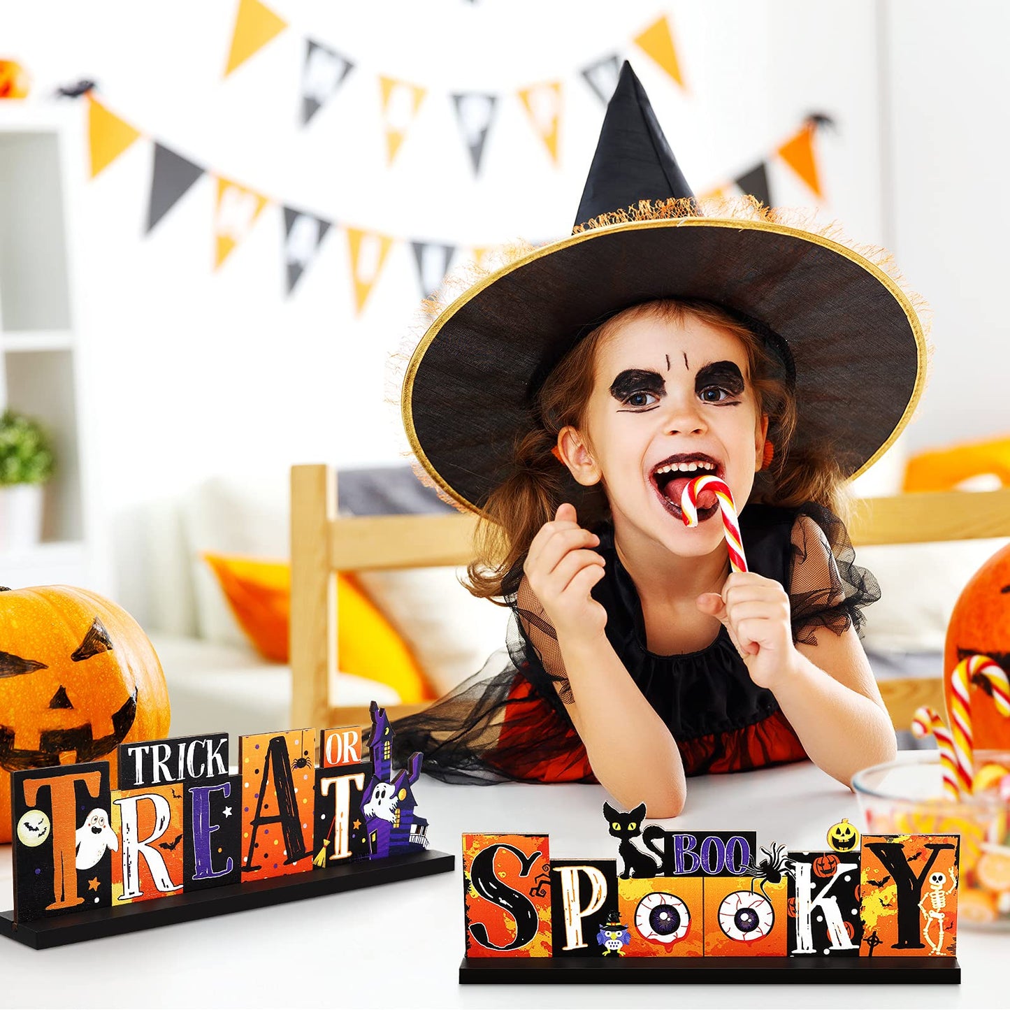 3 Pieces Halloween Table Decorations - Pumpkin Centerpiece, Boo Spooky Wood Sign, Trick or Treat Witch Hat Decor for Party, Living Room, Kitchen, Office, Bar