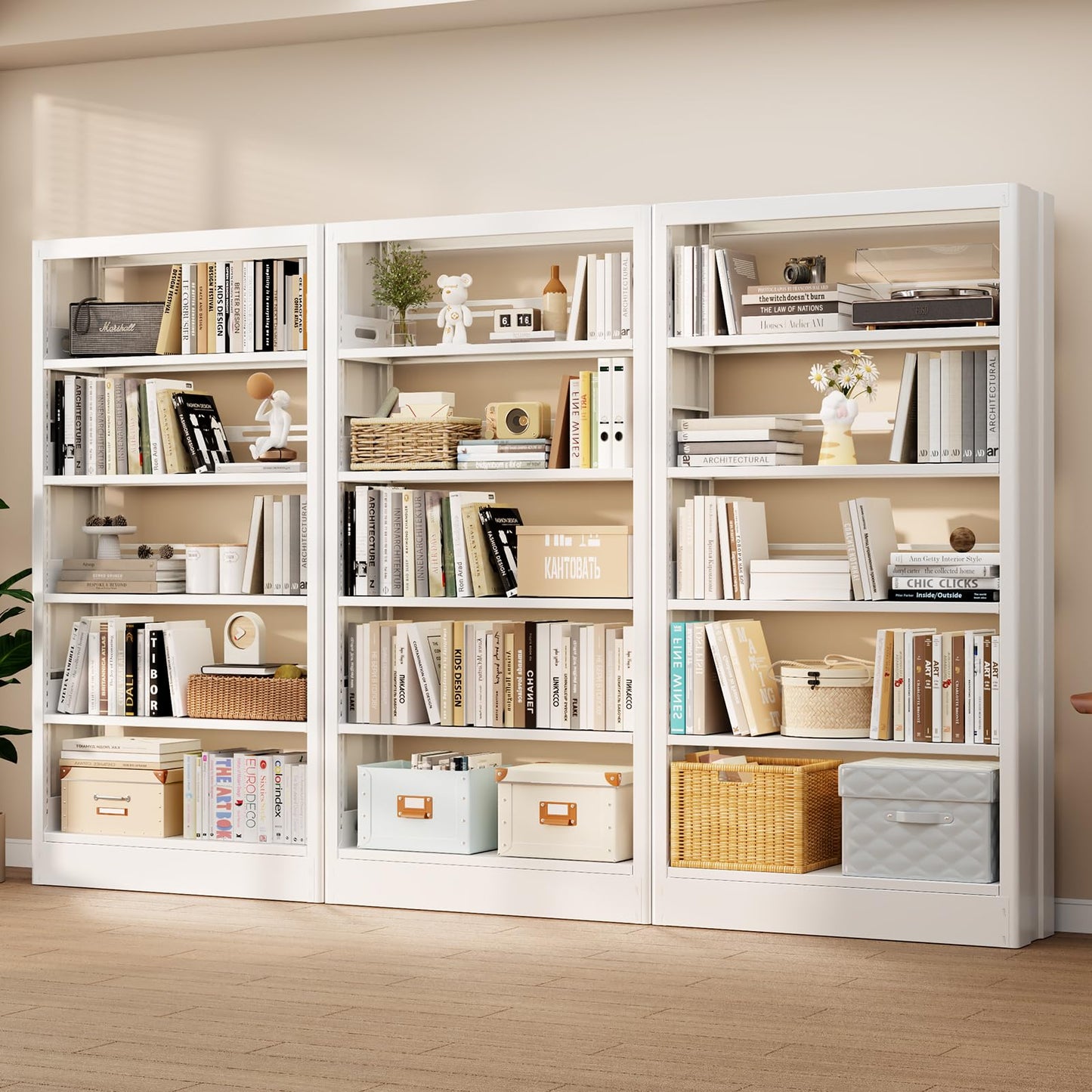 71” Tall White Metal Bookshelf, 5 Tier Bookcase with Adjustable Storage Shelves, Heavy Duty Book Shelf with Bookends, Freestanding Open Large Book Case for Living Room, Study, Library, Office