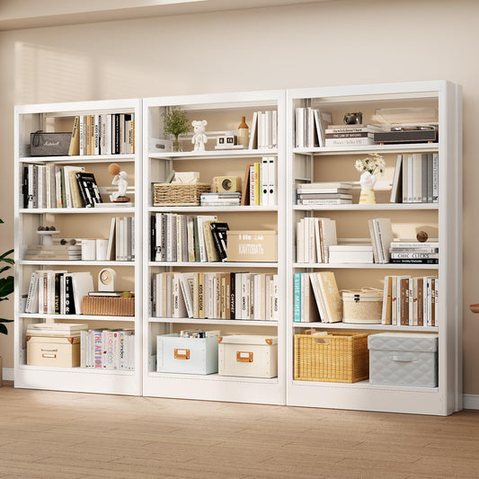 71” Tall White Metal Bookshelf, 5 Tier Bookcase with Adjustable Storage Shelves, Heavy Duty Book Shelf with Bookends, Freestanding Open Large Book Case for Living Room, Study, Library, Office