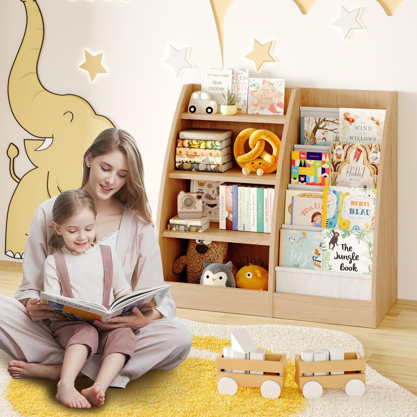 4 Tier Kids Bookshelf,4 Layer Sling Kids Book Shelf for Kids Rooms,Wood Children Bookcase,Baby Storage Book Rack,Toddler Bookshelf, Book and Toy Organizer,Book Display Shelf for Bedroom, Nursery