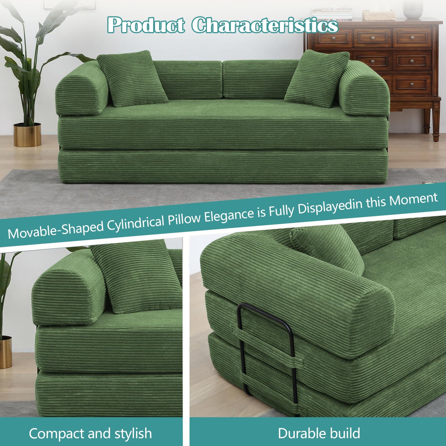 78'' Convertible Floor Sofa Bed, Comfy Foldable Sofa Bed, Modular Sectional Fold Couch with 2 Pillows and Fixed-Shape Frame, Lounge Couch for Living Room Bedroom Lounge Studio (A-Green)