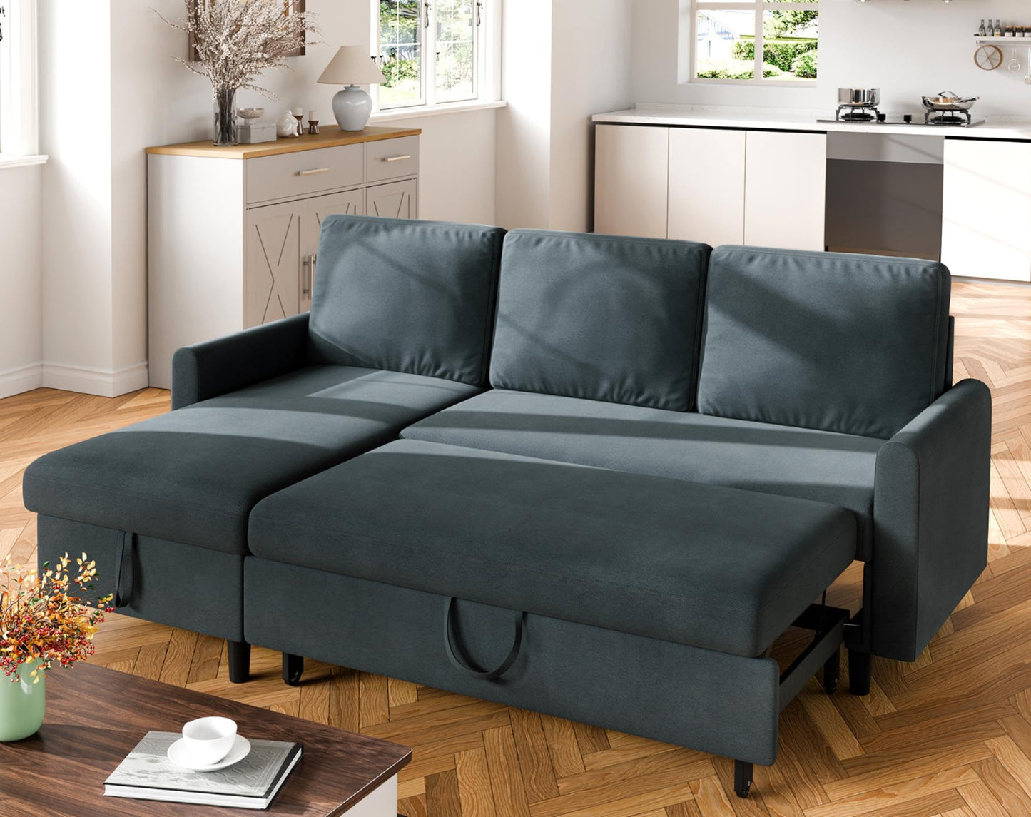 Walsunny Sectional Sofa Couch Bed L Shaped Sleeper Sofa Bed Pull Out Bed with Storage, Reversible Sectional Couches for Living Room, Apartment, Office(Dark Gray)