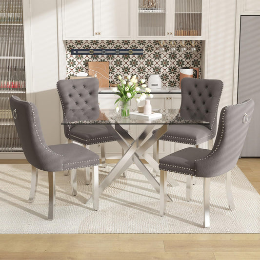 XUNGSUN 51 Inch Glass Dining Table Set for 4, Rectangular Glass Kitchen Table with 4 Upholstered Velvet Accent Chairs, 5 Piece Modern Dining Room Set, for Home, Apartment, Small Spaces - Grey Silver