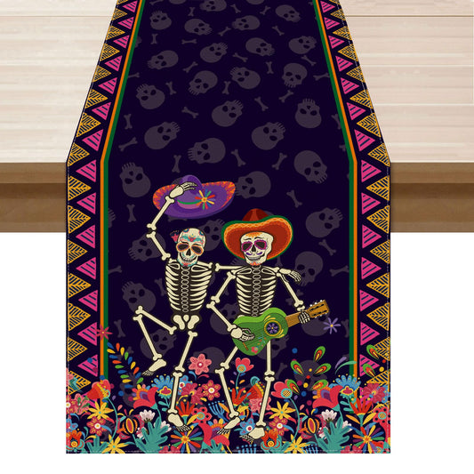 XCHI Dance Sugar Skull Music Guitar Colorful Flowers Dia De Los Muertos Table Runner Day of The Dead Mexican Table Decoration for Home Kitchen Dining Holiday Fiesta Themed Party Decor 13x72 Inch