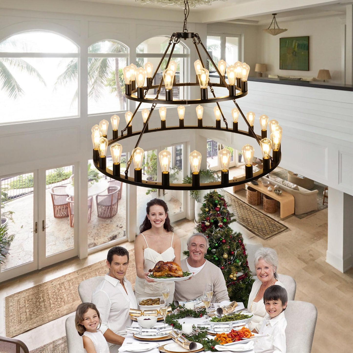 WOGON WEEL Wagon Wheel Chandelier 2 Tier 48-Inch 36-Light, Farmhouse Industrial Chandelier Black Rustic Pendant Light Fixture Extra Large for High Ceilings, Living Room Foyer