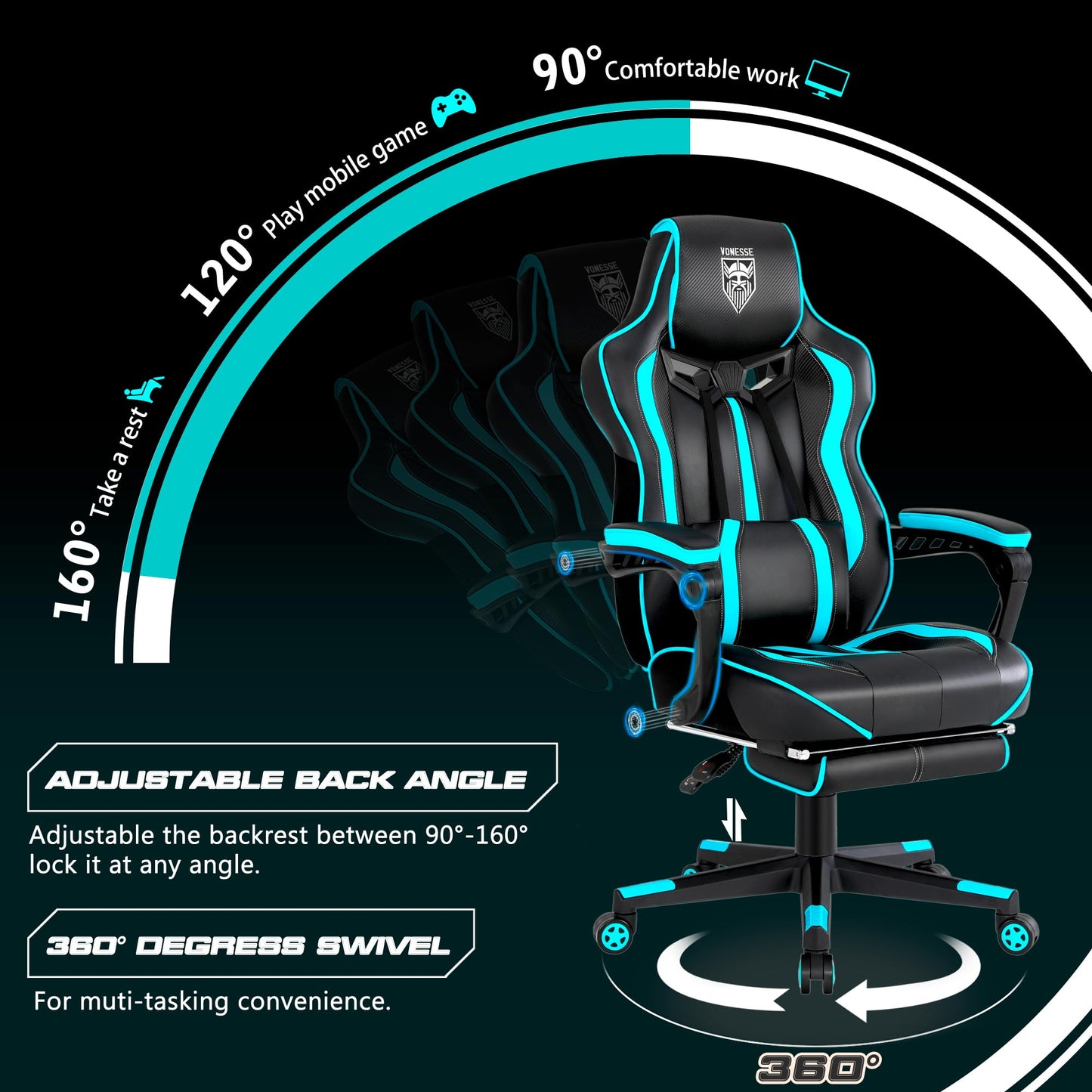 Vonesse Gaming Chairs for Adults, Gaming Chairs with Footrest Reclining Computer Chair for Heavy People,Big and Tall Ergonomic Gamer Chair with Lumbar Pillow(Teal/Cyan)