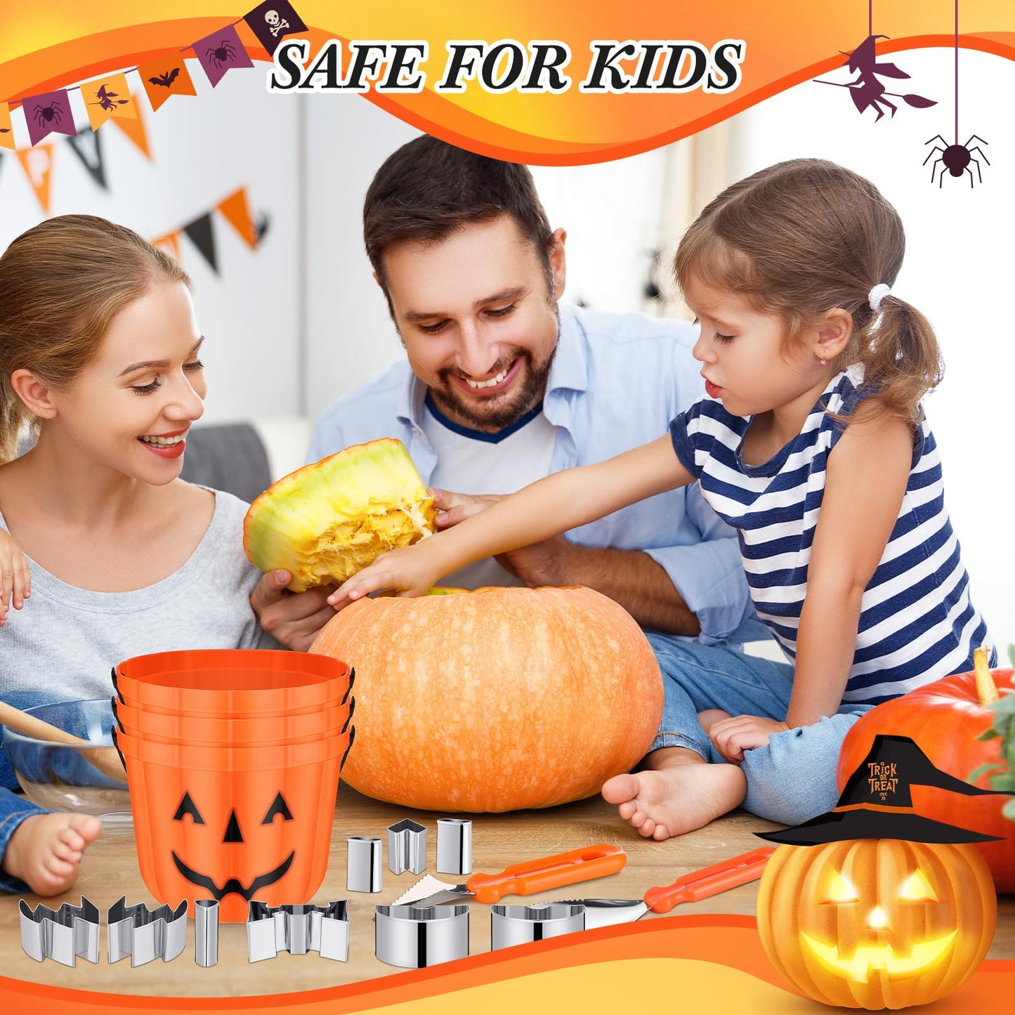 Winnerwhy 48 Pcs Halloween Pumpkin Carving Kit Pumpkin Carving Tools 24 Pcs Stainless Steel Pumpkin Carving Stencils, 6 Gut Buckets, Easy Safe 18 Carving Tools Set for Halloween Decorations