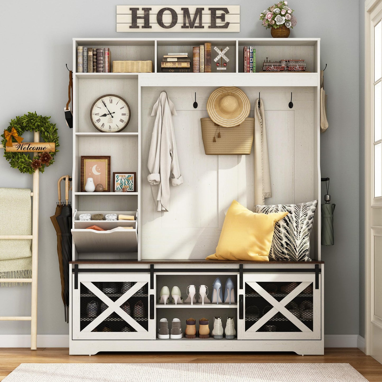 75''H LED Farmhouse Hall Tree with Bench and Shoe Storage,Entryway Bench with Coat Rack,16 Shoe Cubbies & Umbrella Holder and Sock Storage Drawer,Mudroom/Hallway Storages Cabinet(white )