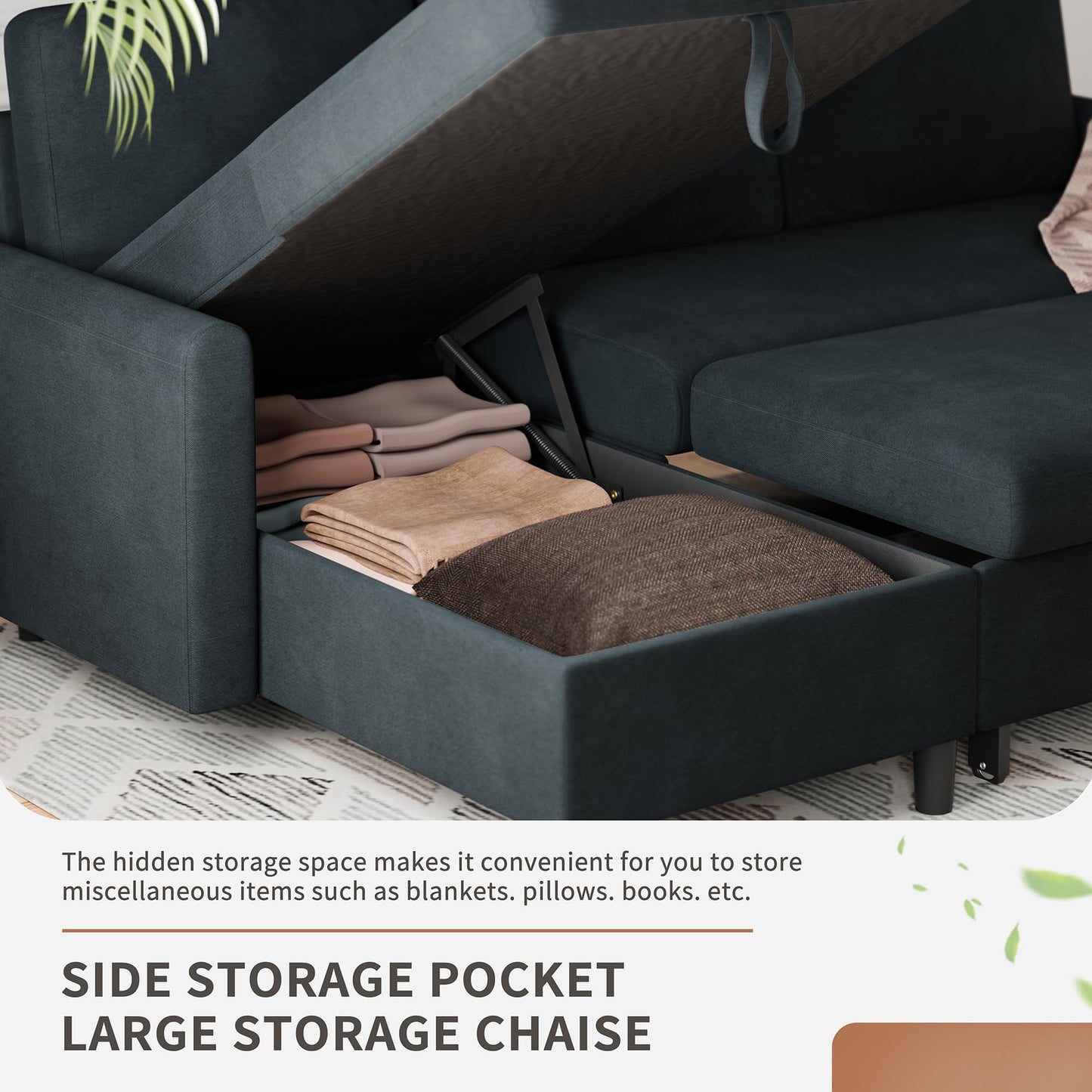Walsunny Sectional Sofa Couch Bed L Shaped Sleeper Sofa Bed Pull Out Bed with Storage, Reversible Sectional Couches for Living Room, Apartment, Office(Dark Gray)