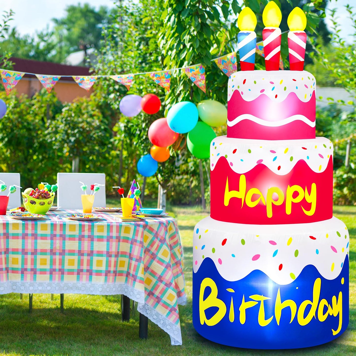 6 Ft Happy Birthday Inflatable Cake with Candles Outdoor Decorations Lighted Blow Up Holiday Birthday Party Decor with 6 LED Lights for Indoor Home Celebration Garden Lawn Yard Prop Sign