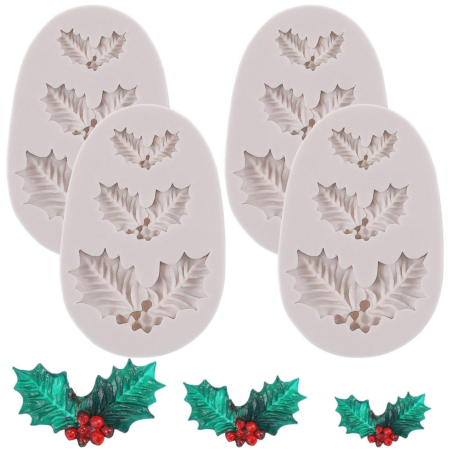 4 Pieces Christmas Holly Leaves Silicone Mold Leaf Shaped Fondant Mold Chocolate Dessert Molds for Baking Chocolate Candy Sugar Cake Decorations