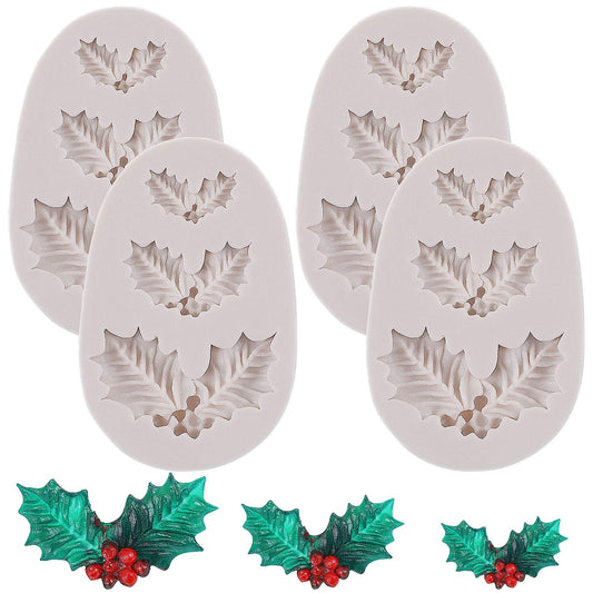 4 Pieces Christmas Holly Leaves Silicone Mold Leaf Shaped Fondant Mold Chocolate Dessert Molds for Baking Chocolate Candy Sugar Cake Decorations