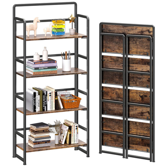 4NM No-Assembly 4 Tiers Folding Bookshelf Storage Shelves Vintage Bookcase Standing Racks Study Organizer Home Office (Rustic Brown and Black)