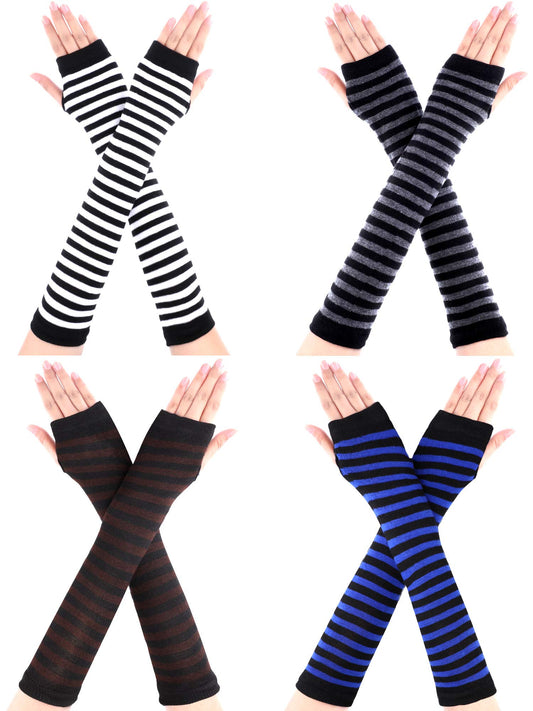 4 Pairs Women's Knit Arm Warmers - Long Fingerless Gloves, Elbow Length, Thumb Hole - Winter (Black, Grey, Blue, Coffee)