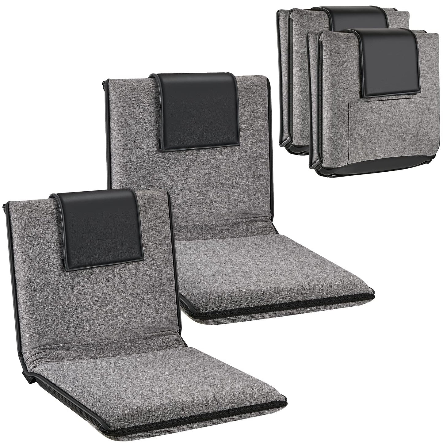 2 Pcs Adjustable Floor Chair with Back Support, Padded Seat, Portable, Meditation Cushion, Fully Folding Backrest for Adult, Kid, Gaming - Linen Washable Cover, Nylon Bottom (Gray, Black)