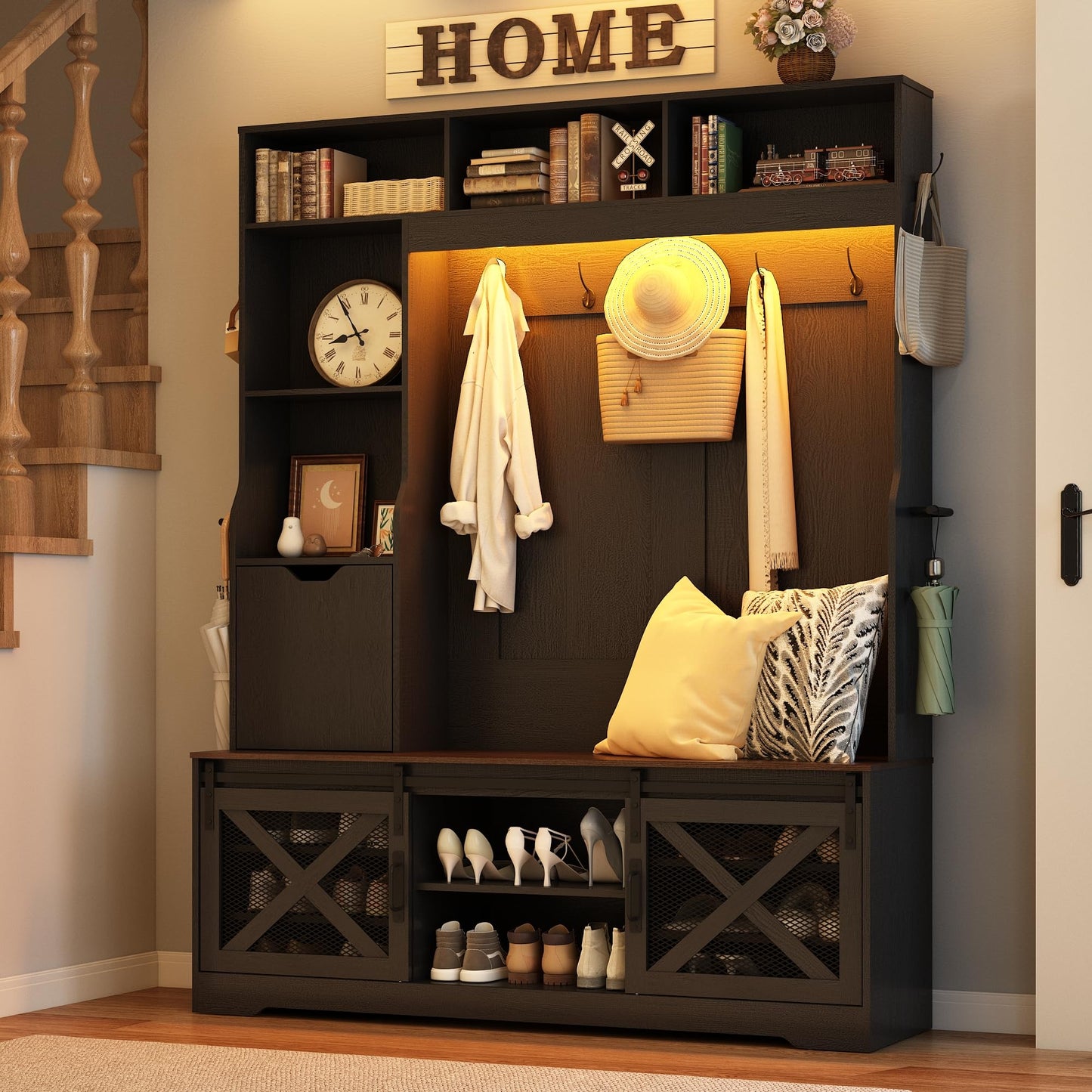 75''H LED Farmhouse Hall Tree with Bench and Shoe Storage,Entryway Bench with Coat Rack,16 Shoe Cubbies & Umbrella Holder and Sock Storage Drawer,Mudroom/Hallway Storages Cabinet(black)