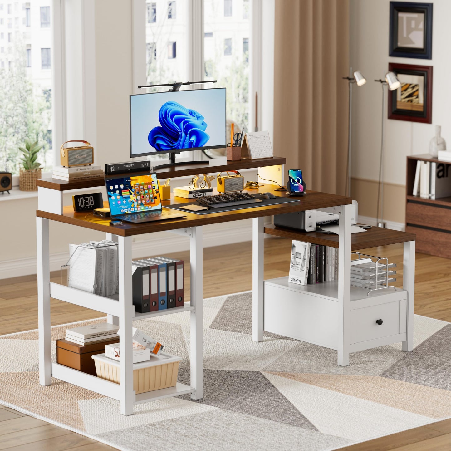 61.2 '' Computer Desk with Drawer & Power Outlets, Farmhouse Ergonomic Office Desks with Long Monitor Stand,Wood Computer Table with Printer Space, Home Office Desk with LED Strip for Work,White