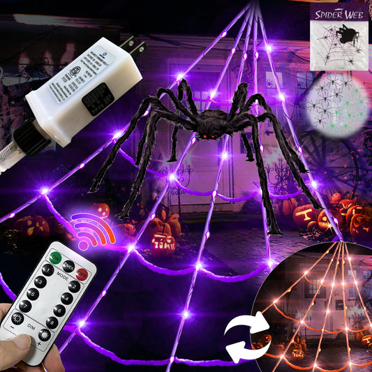 8 Modes 20 * 17FT Halloween Light Up Spider Web 250 Led Purple & Orange Lights Operated with 6.5Ft Giant Spider 200sqft Cobweb 20 Small Spiders for Indoor and Outdoor Decor Yard Decoration