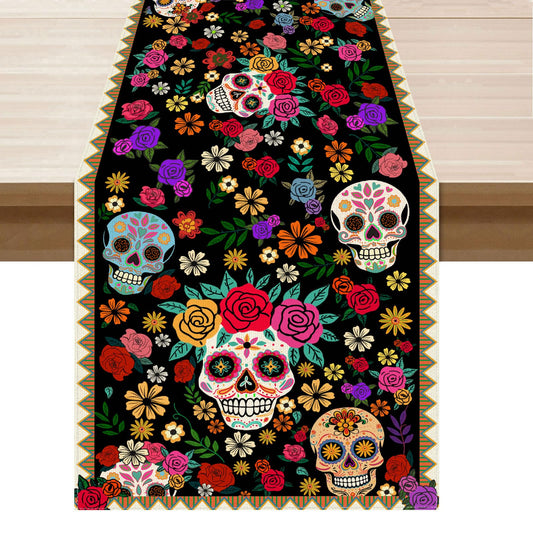 XCHI Sugar Skull Colorful Flowers Mexican Style Dia De Los Muertos Table Runner Day of The Dead Table Decoration for Home Kitchen Dining Holiday Fiesta Themed Party Decor 13x72 Inch