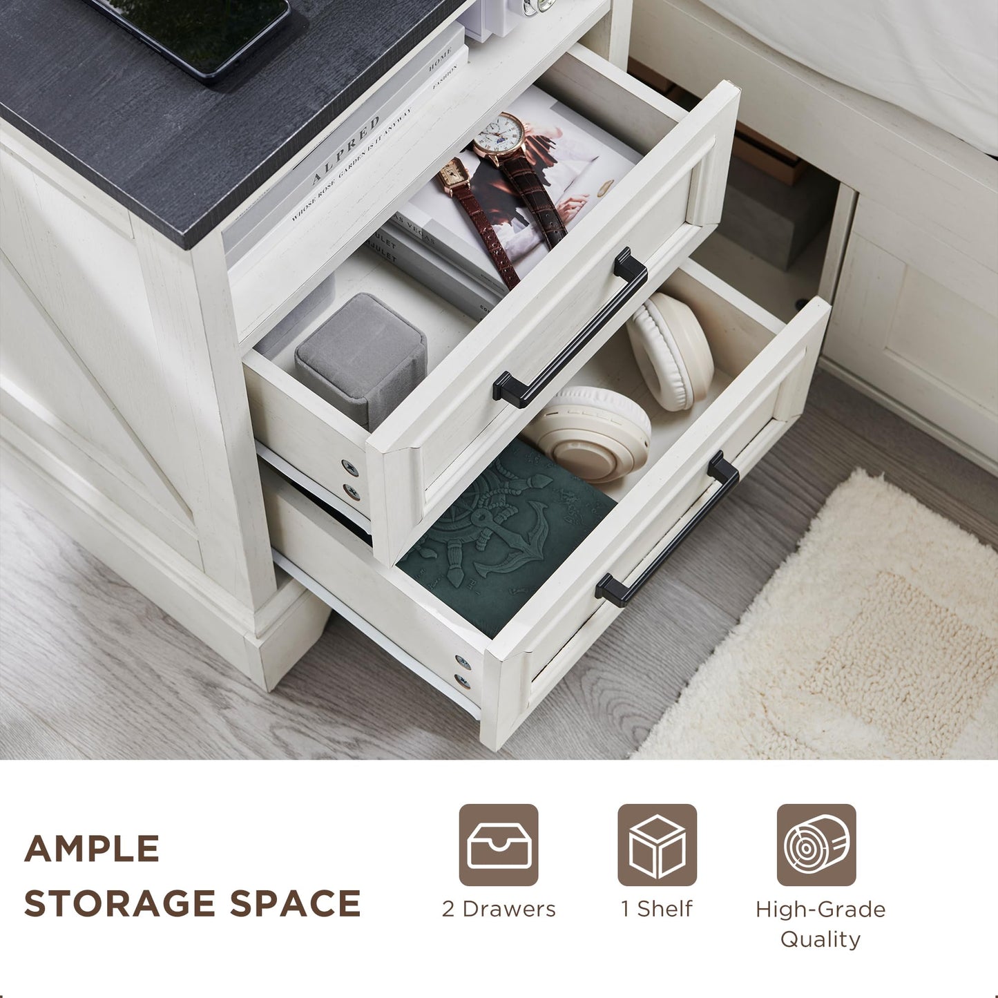 ACCOHOHO 18" Farmhouse Nightstand with Charging Station,End Table with 2 Drawers Storage,Side Table,Bedside Cabinet for Bedroom,Living Room,White