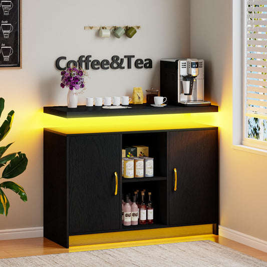 4 EVER WINNER Buffet Cabinet with Storage, Modern Sideboard Cabinets with Led Lights, Floating Coffee Station with Adjustable Shelves, Coffee Bar Cabinet for Kitchen, Dining Room