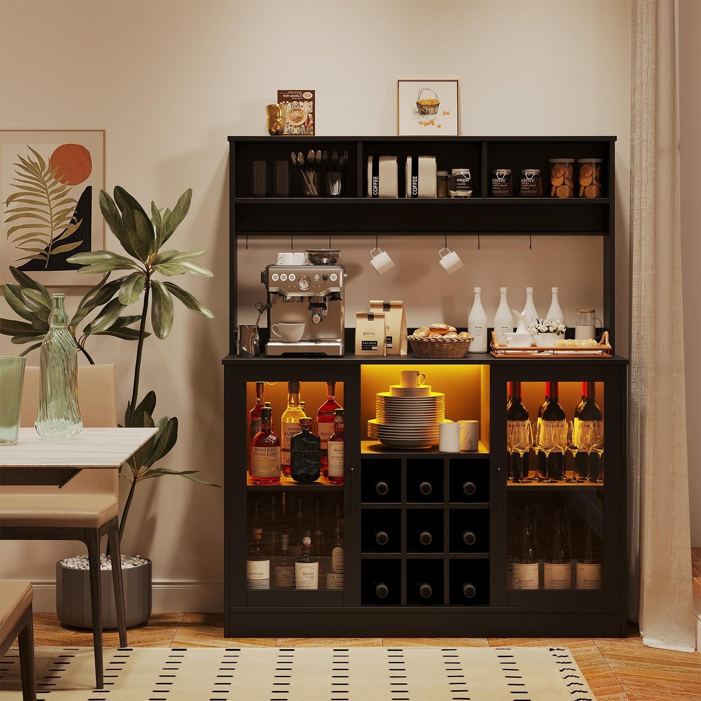 Wine Bar Cabinet with LED Light and Power Outlet, Liquor Cabinet with 9 Wine Racks, 6 Hooks and Adjustable Shelf, Coffee Bar Cabinet Buffet Sideboard for Kitchen and Living Room, Black, 47.2"D x 15.74