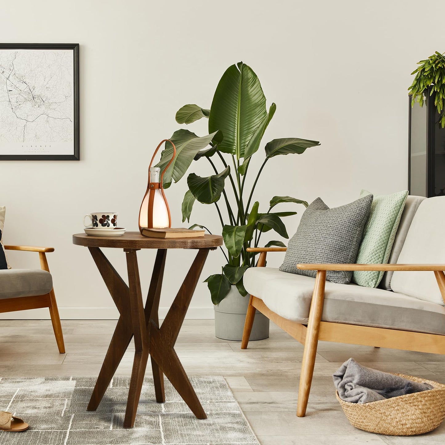 Ahokua Farmhouse End Table with Solid Wood Crossed Legs Round Boho Side Table Mid Century Modern Small Accent Table for Small Space Stable Nightstand for Living Room, Natural Wood