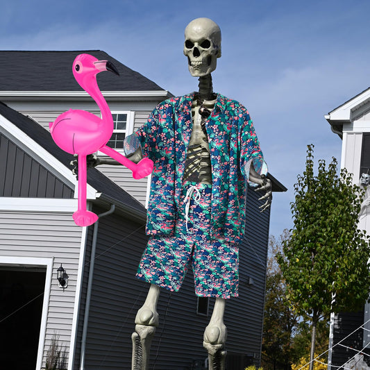 3 Pcs Hawaiian 12 ft Giant Skeleton Costume Accessories Set Includes Tropical Print Vest Shirt Shorts and Inflatable Flamingo for Summer Luau Party Garden Lawn Outdoor Decor (Skeleton Not Included)