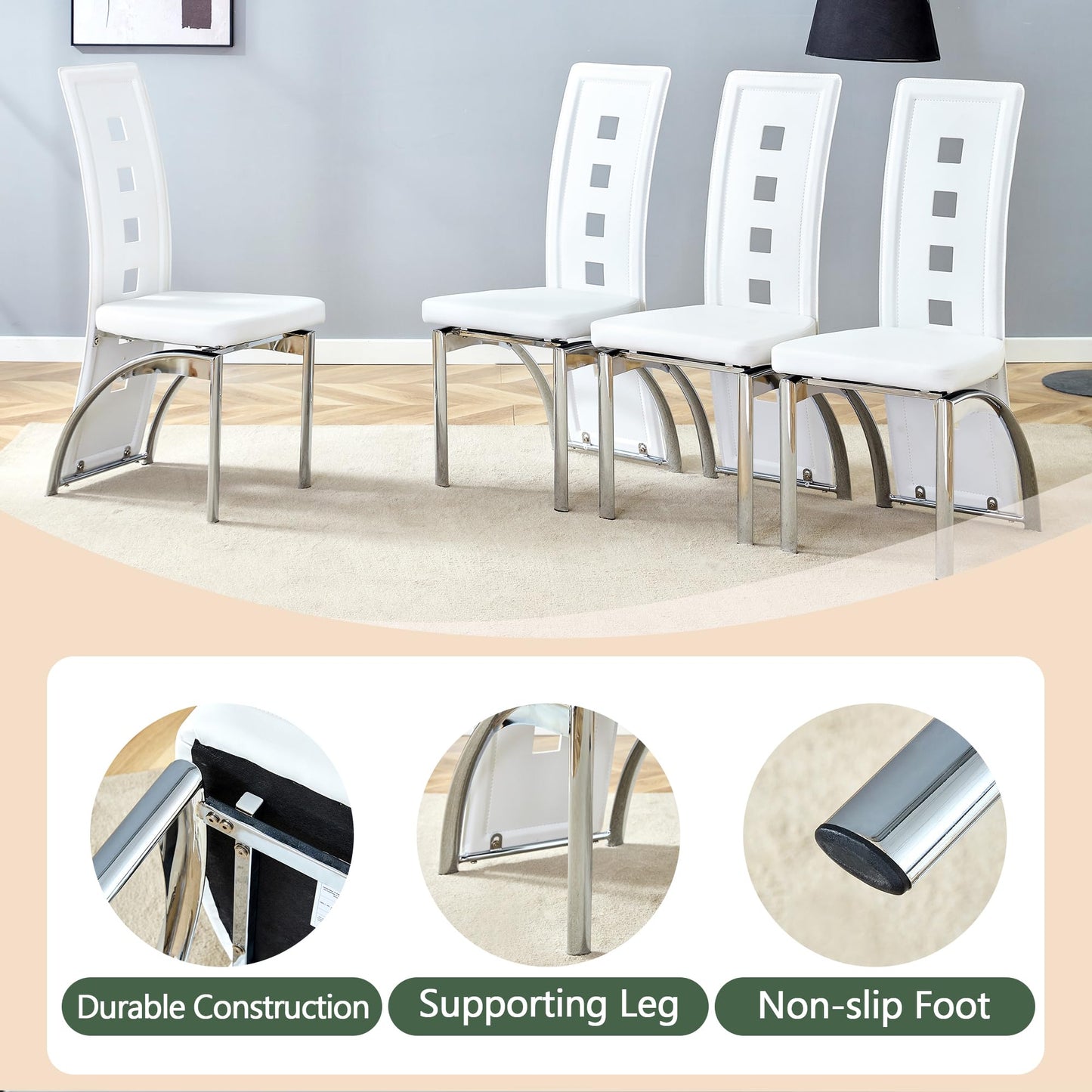 White Dining Chairs Set of 4, Modern Dining Room Chairs Set of 4, Upholstered PU Leather Kitchen Chairs with Silver Metal Legs, High Backrest Armless Seating for Kitchen, Dining Room