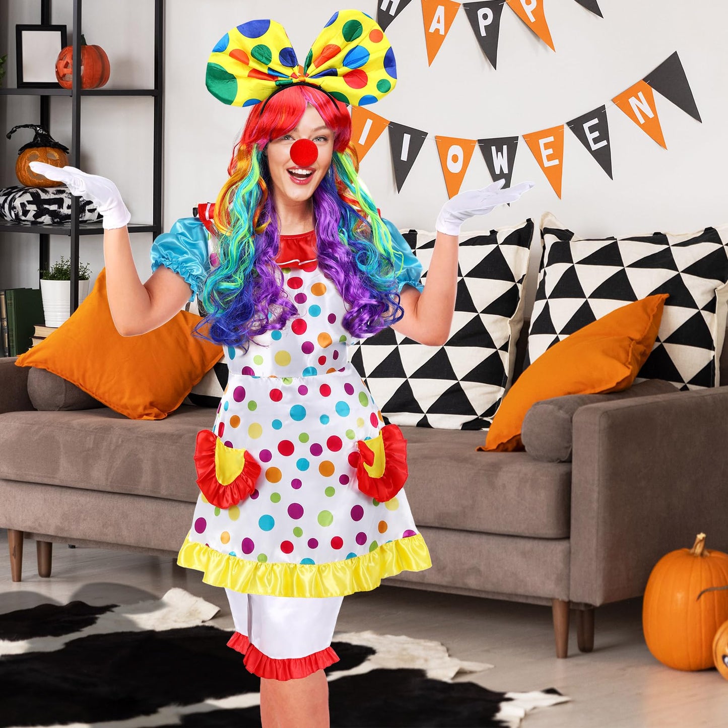 6 Pcs Clown Costume Set Women Circus Dress Rainbow Clown Wig Headband Nose Shorts Gloves for Halloween cosplay(Medium)