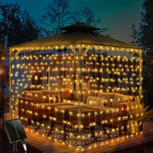 32.8 * 6.56FT Large Size Solar Curtain Lights Outdoor, 8 Modes Outdoor Solar Curtain String Light, Solar Garden Christmas Lights Decortions for Patio, Gazebo, Eaves, Fence, Tree, Porch (Warm White)