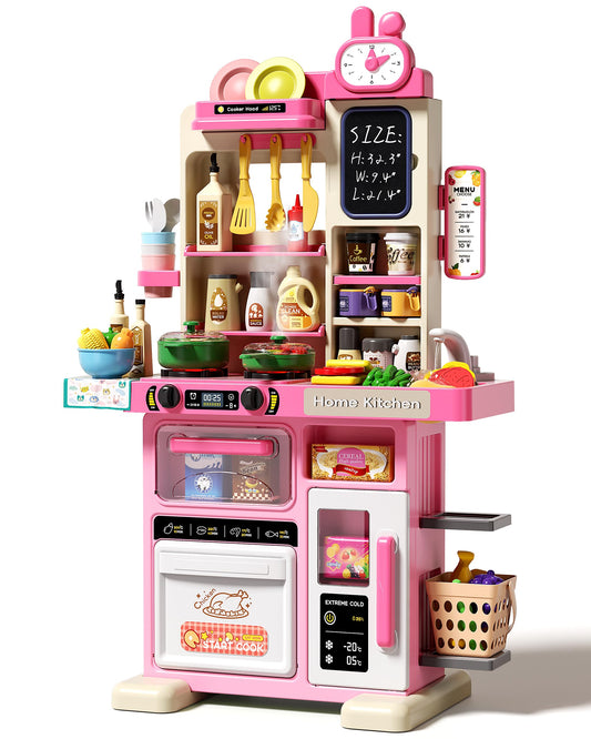 33.8IN Kids Kitchen Playset, 63 PCS Kid Play Kitchen with Realistic Lights & Sounds, Spray Sink Toy Kitchen Accessories, Pretend Food Toys Kitchen for Boys Girls Toddlers(Pink)