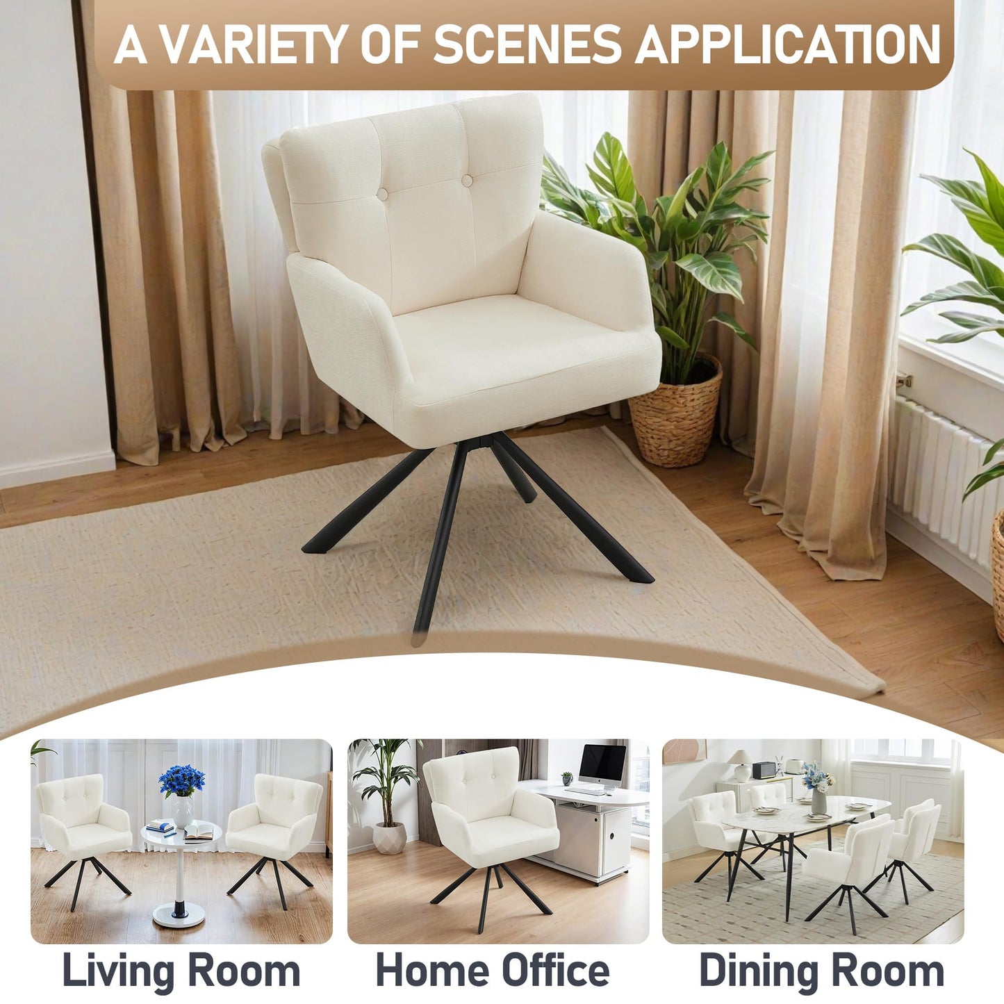 WUTUTUEE Fabric Dining Chair Modern Upholstered Swivel Dining Room Chairs Comfy Accent Armchair with Mid Back, Desk Arm Chair No Wheels for Kitchen/Living Room/Dining Room, White
