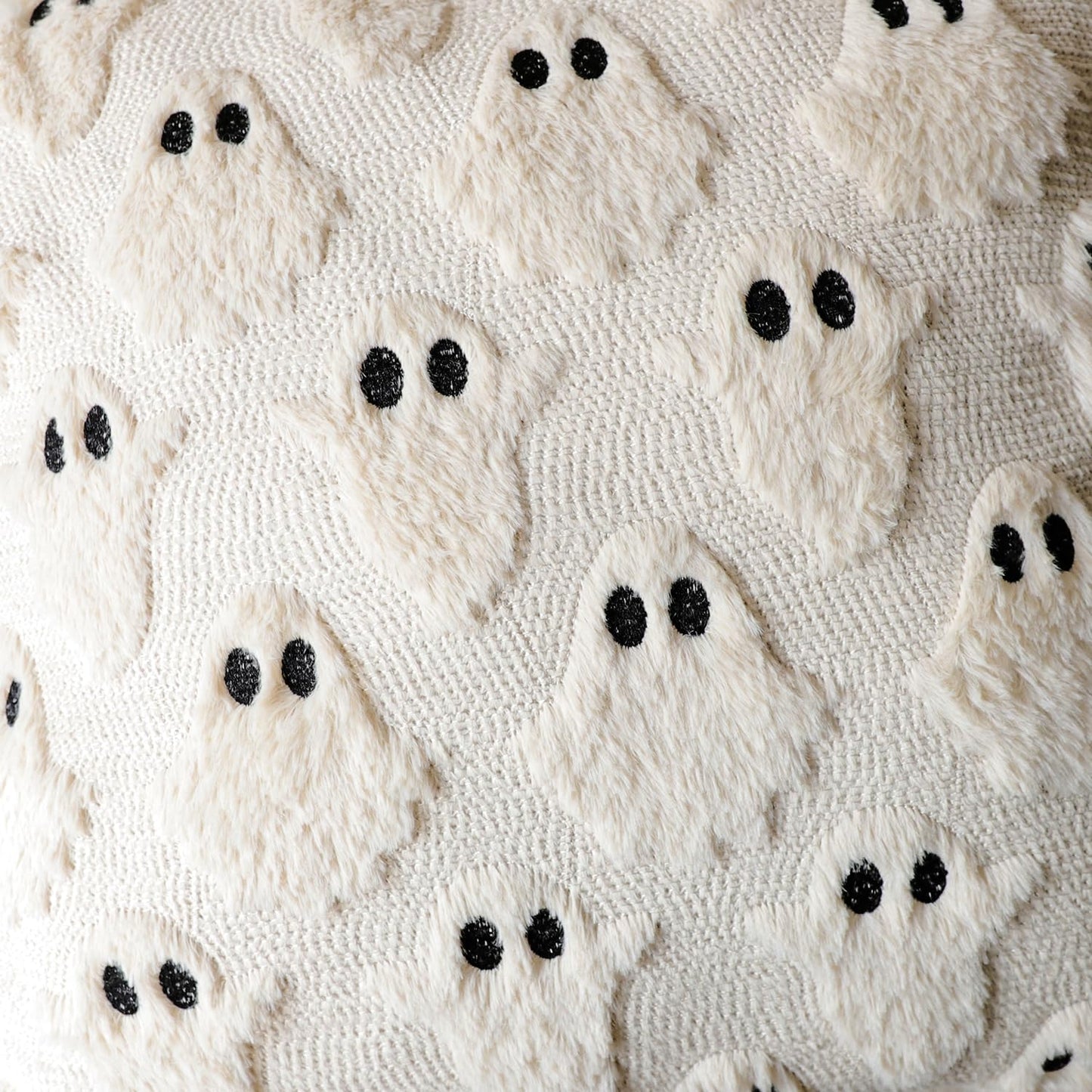 4TH Emotion Halloween Ghost Decorative Pillow Covers 18x18 Set of 2, Beige Soft Plush Faux Fur Farmhouse Throw Cushion Cases for Fall Autumn Holiday Home Decorations