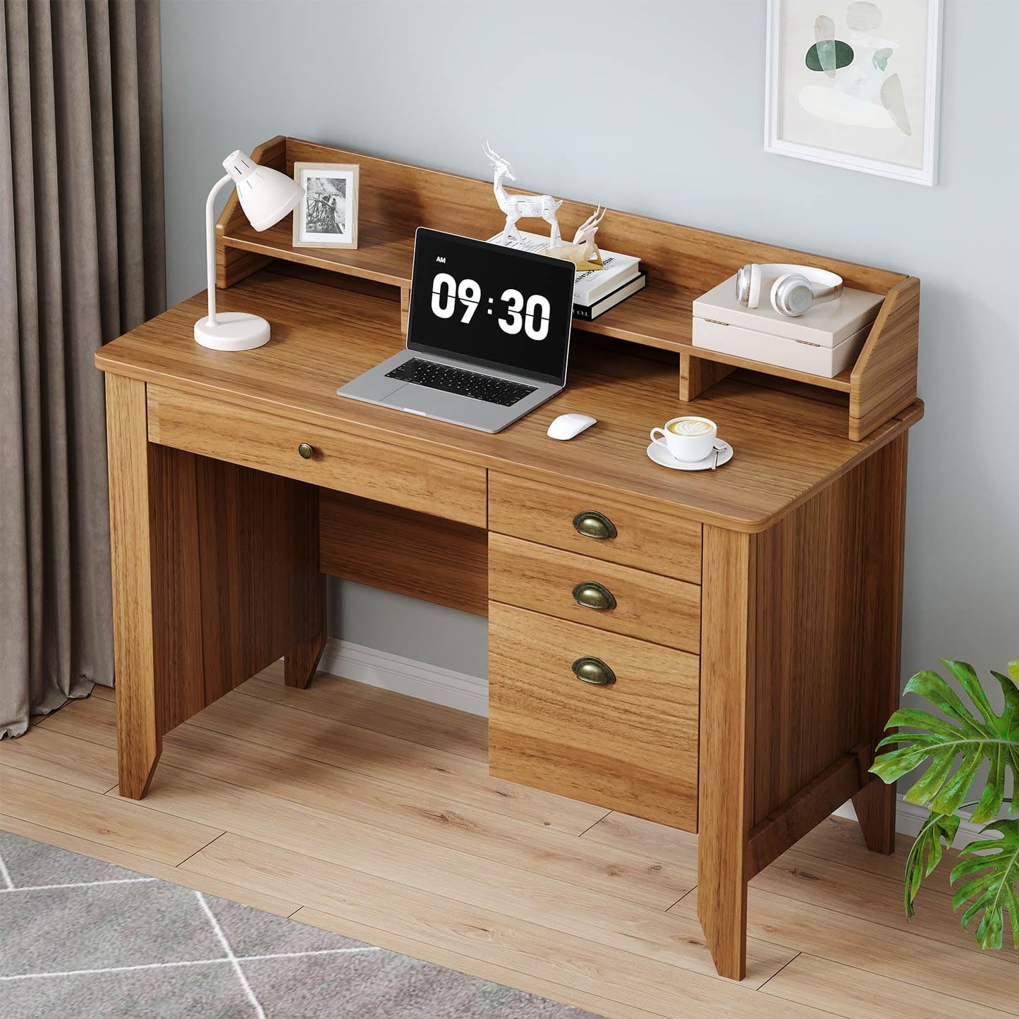 4 EVER WINNER Desk with Drawers, Wooden Desk with Monitor Stand and Drawers, Executive Desks with File Drawer, Home Office Desks for Small Spaces, Bedroom, Walnut