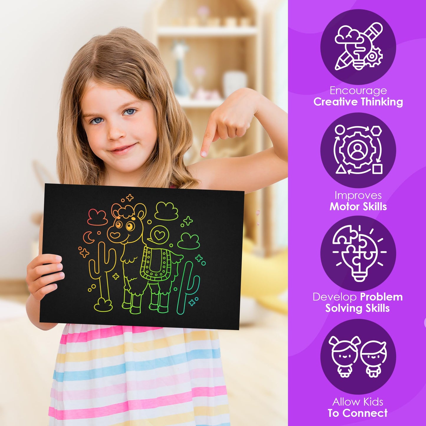 50 Piece Rainbow Scratch Paper - 4 Wooden Styluses Included - Create Rainbow Scratch Art With This Jumbo Craft Pack
